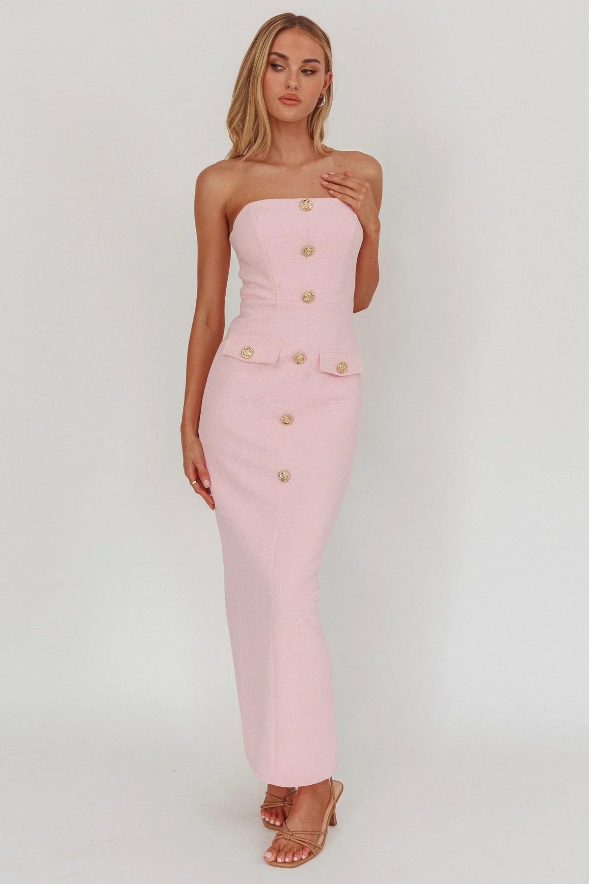 Strapless Gold Button Front Flap Pocket Bodycon Maxi Dress