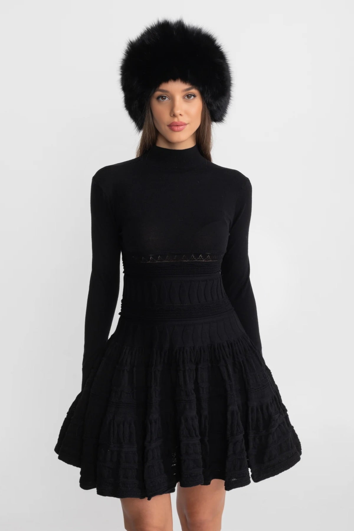 Mock Neck Long Sleeve Textured Knit Tiered Fit and Flare Mini Dress 2