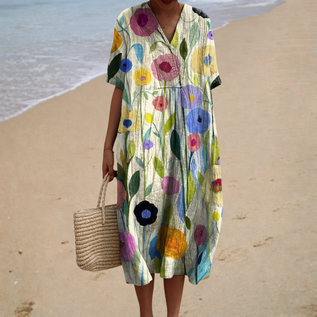 Floral V-Neck Short Sleeve Linen Look Midi Dress
