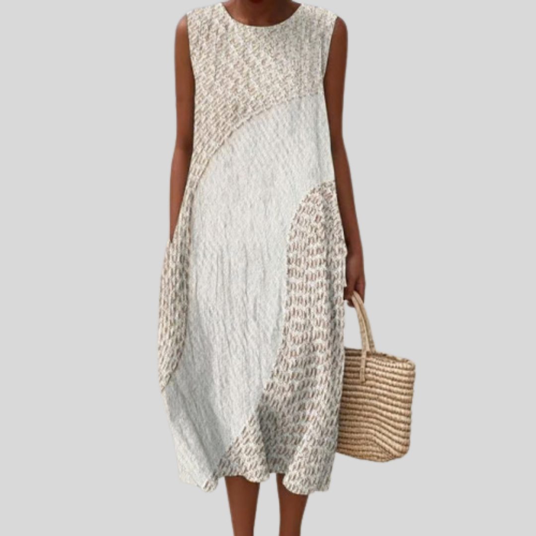 Round Neck Sleeveless Colorblock Textured Pocket Midi Dress