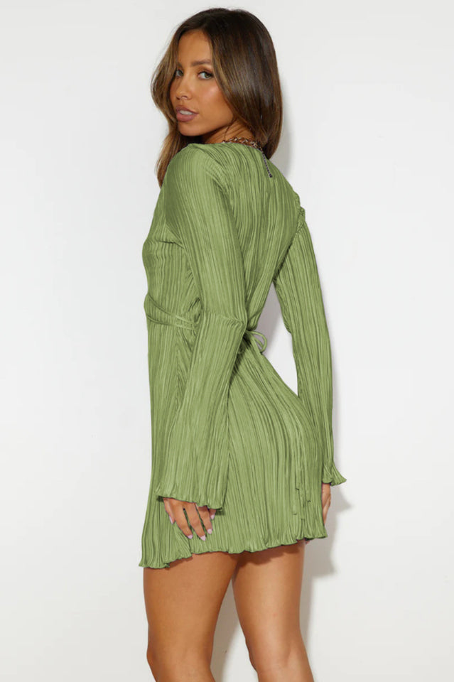 Plisse Deep V-Neck Flare Long Sleeve Lace Up Front Mini Dress 37