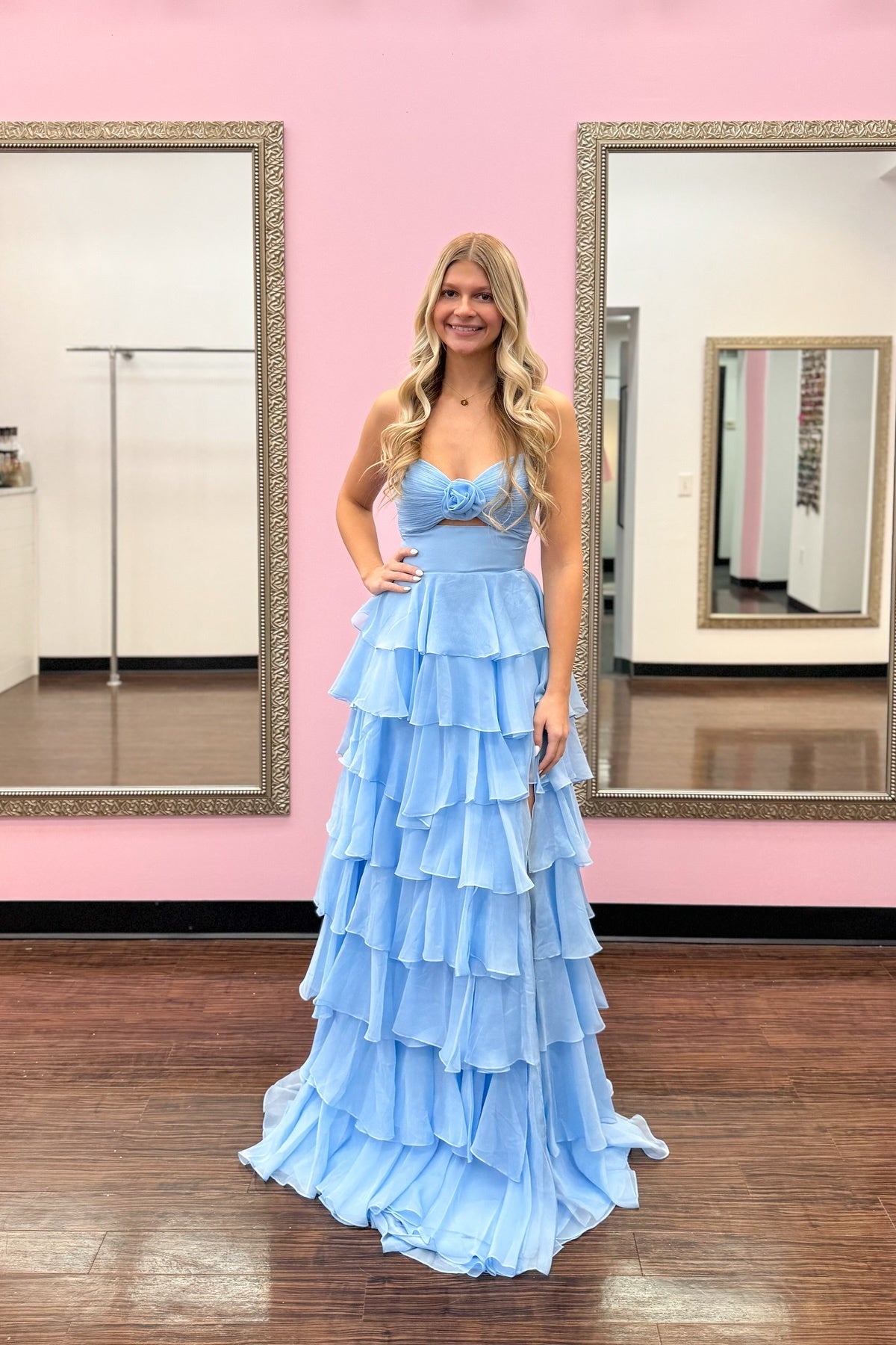 Cute Royal Blue A-Line Strapless Long Tiered Prom Dress with Slit
