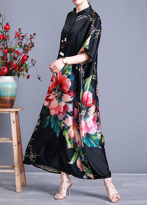 Floral Print Stand Collar Batwing Sleeve Oversized Kaftan Maxi Dress