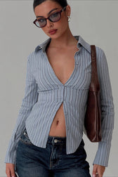 Striped Darted Collared Long Sleeve Top