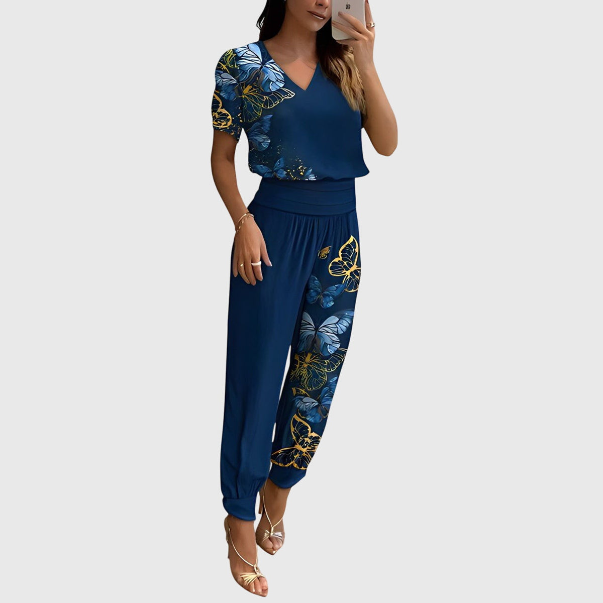 V-Neck Top and Geometric Print Pants Two Piece Set
