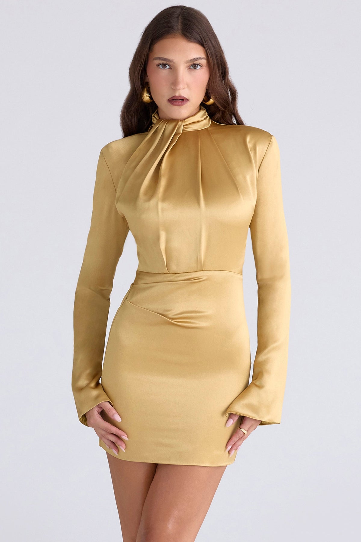 Satin Twist Mock Neck Long Sleeve Shoulder Pad Mini Dress