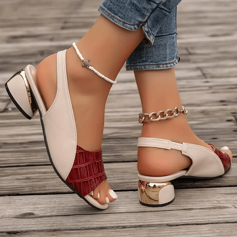 Open Toe Slingback Croc Embossed Block Heel Sandals