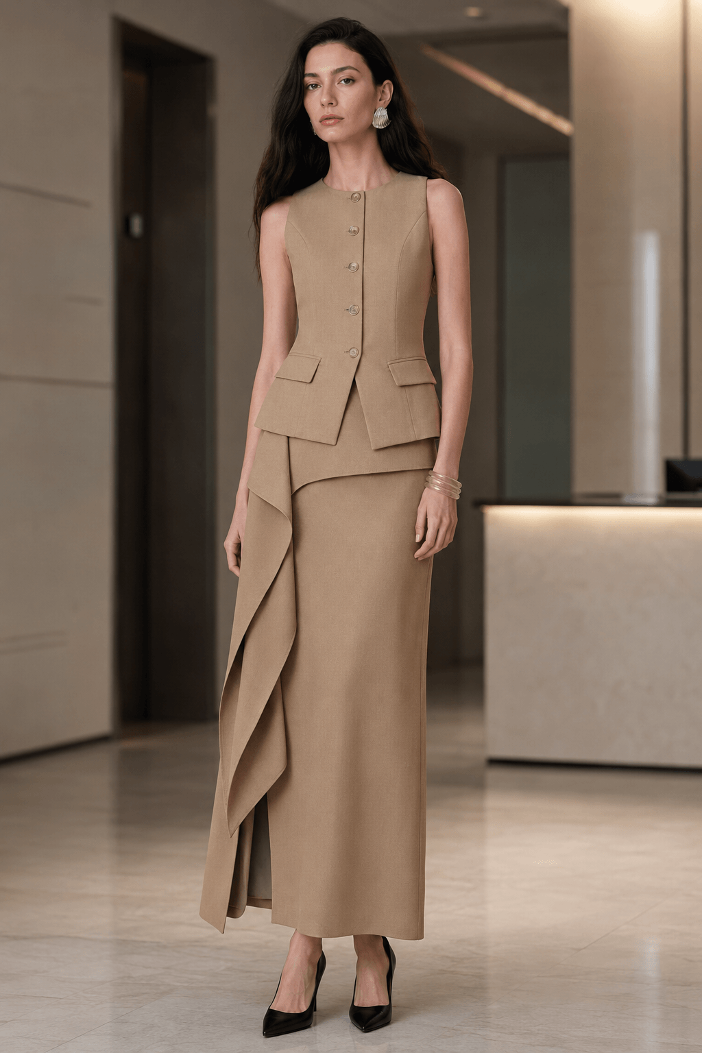 Ruffle Slit Skirt Elegant Two Piece Work Set
