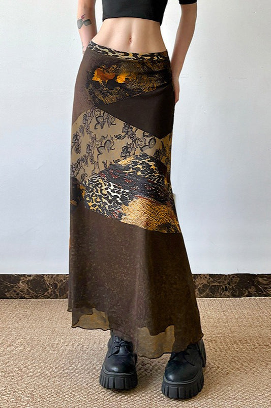 Patchwork Animal Print Sheer Mesh Low Waist Maxi Skirt