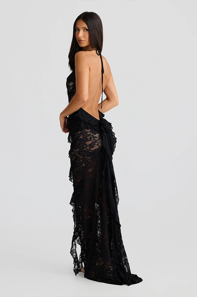 Halter V-Neck Lace Backless Bodycon Maxi Lace Dress