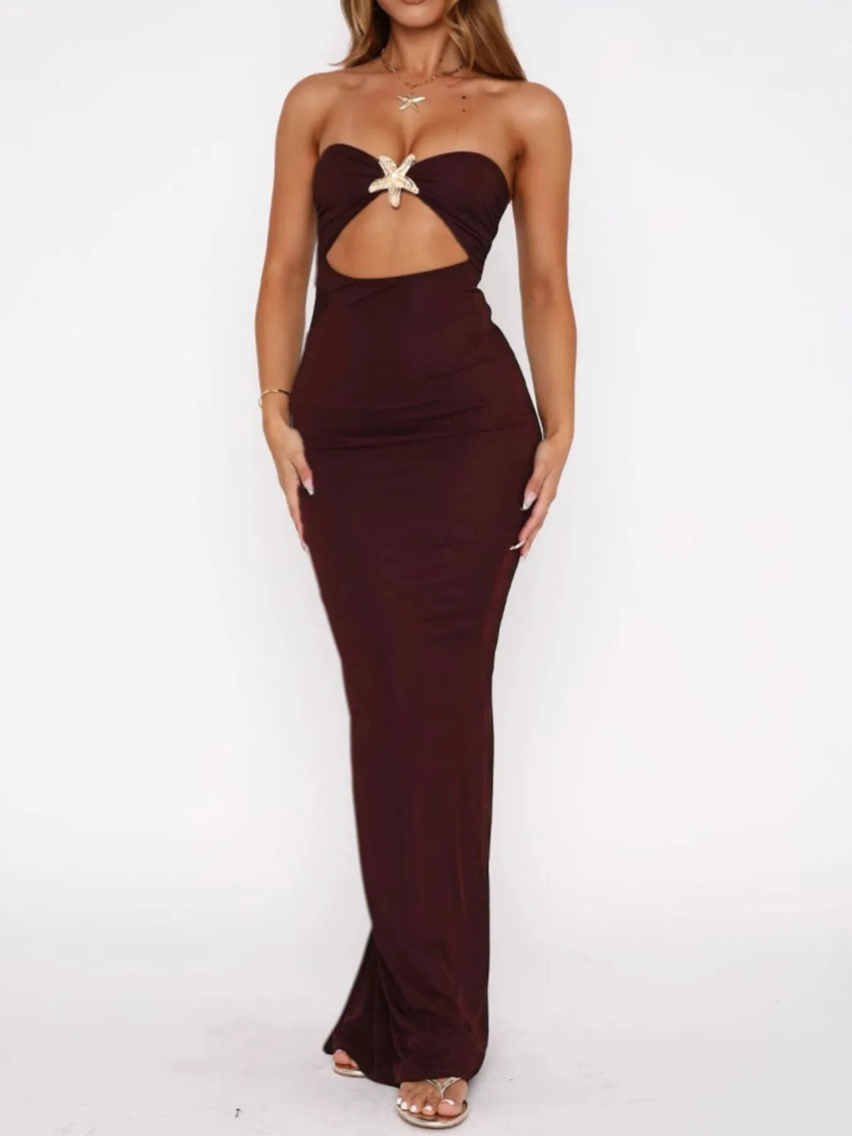 Strapless Sweetheart Starfish Embellished Cut Out Bodycon Maxi Dress 4