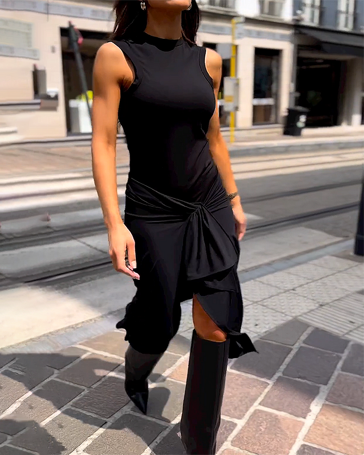 Mock Neck Sleeveless Twist Front Asymmetric Maxi Dress