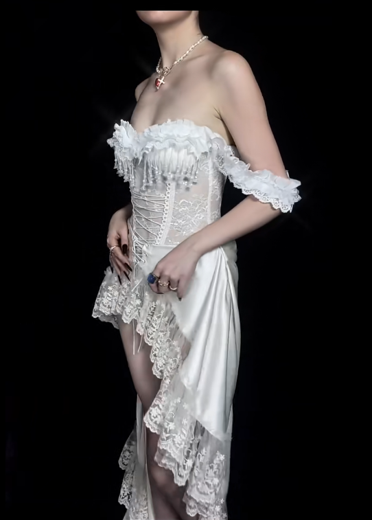 Off The Shoulder White Lace High Low Prom Dress Evening Party Dress