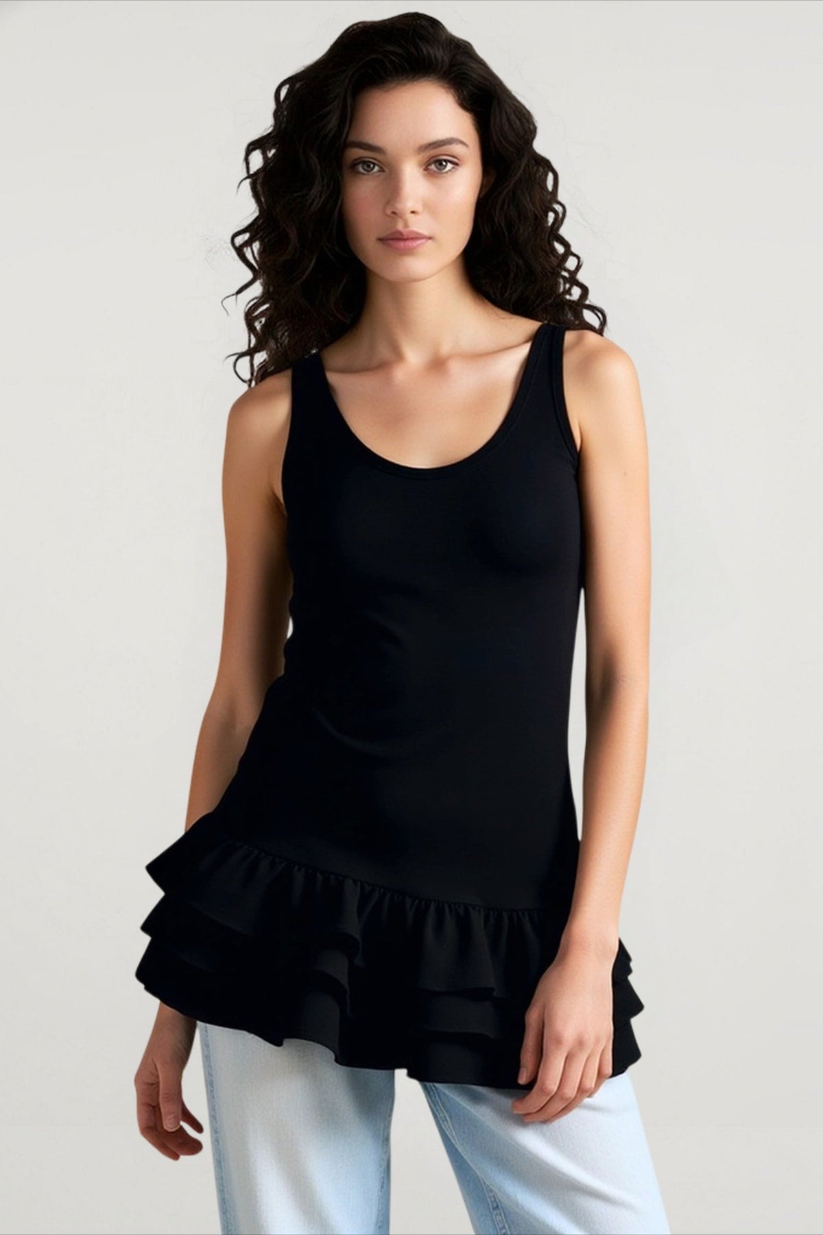 Scoop Neck Sleeveless Tiered Ruffle Hem Longline Tank Top 2