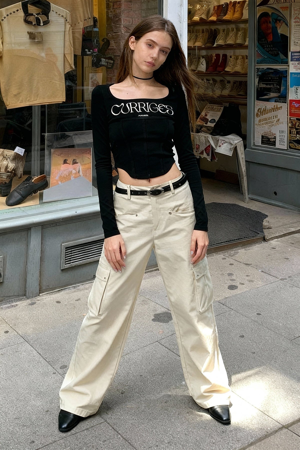 Wide Neck Long Sleeve Letter Print Corset Seam Crop Top 3