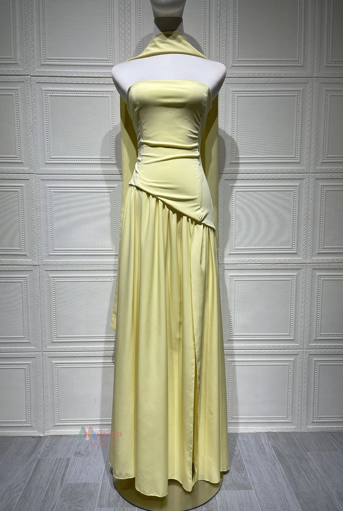 Strapless Asymmetric Drop Waist High Split Maxi Dress with Scarf 7