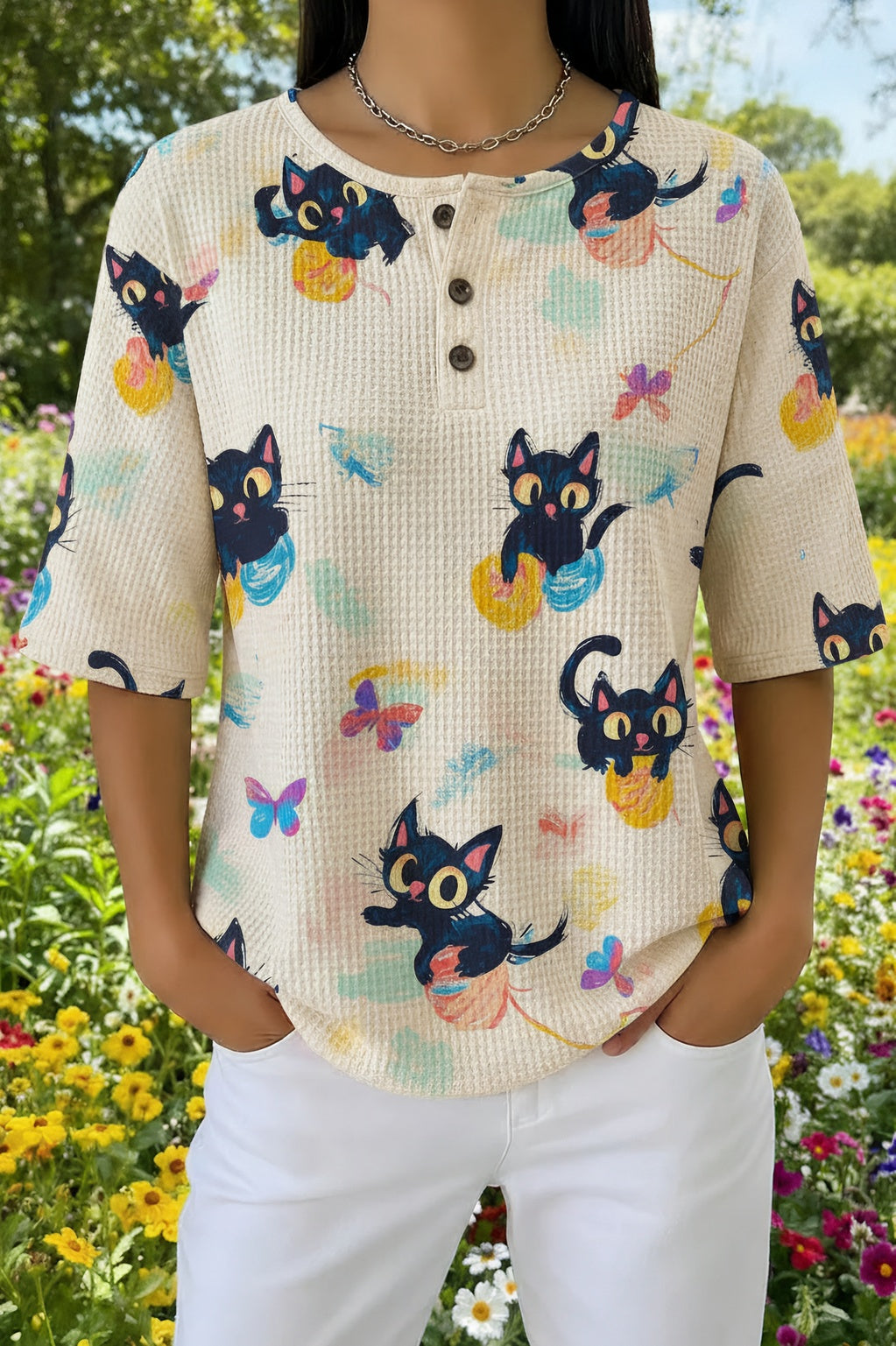 Cat Print Waffle Knit Henley Button Short Sleeve Top