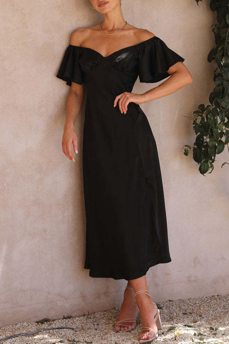 Satin Off Shoulder Sweetheart Ruched Bust Flutter Sleeve Side Slit Midi Dress