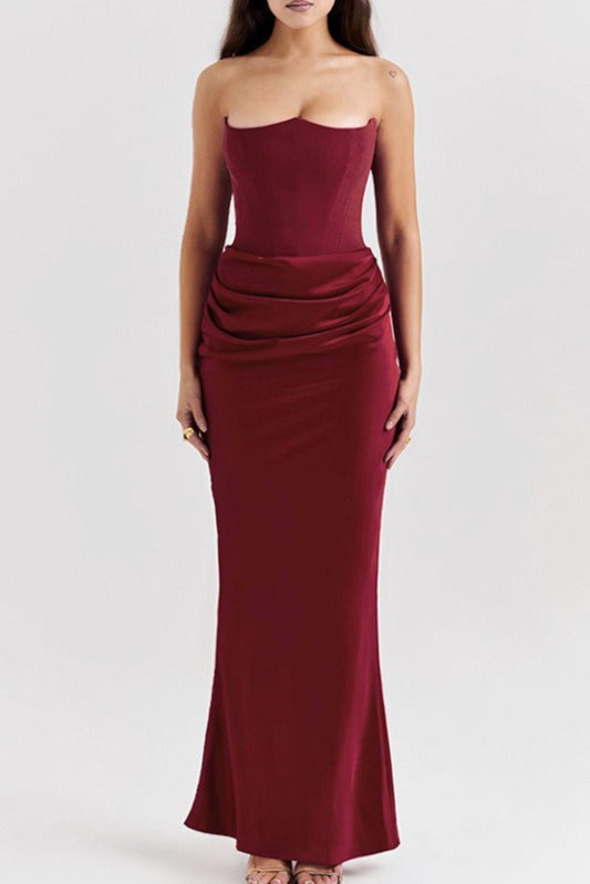 Satin Strapless Corset Bodice Ruched Waist Mermaid Maxi Dress 5