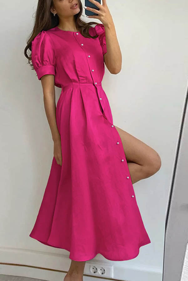 Chic and Classy Vibe Puff Sleeve Pearl Button Slit Midi Dress - View 13