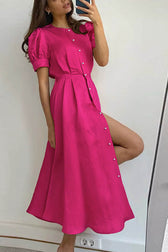 Chic and Classy Vibe Puff Sleeve Pearl Button Slit Midi Dress - View 13