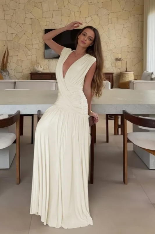 Solid Deep V Ruched Asym Party Dress