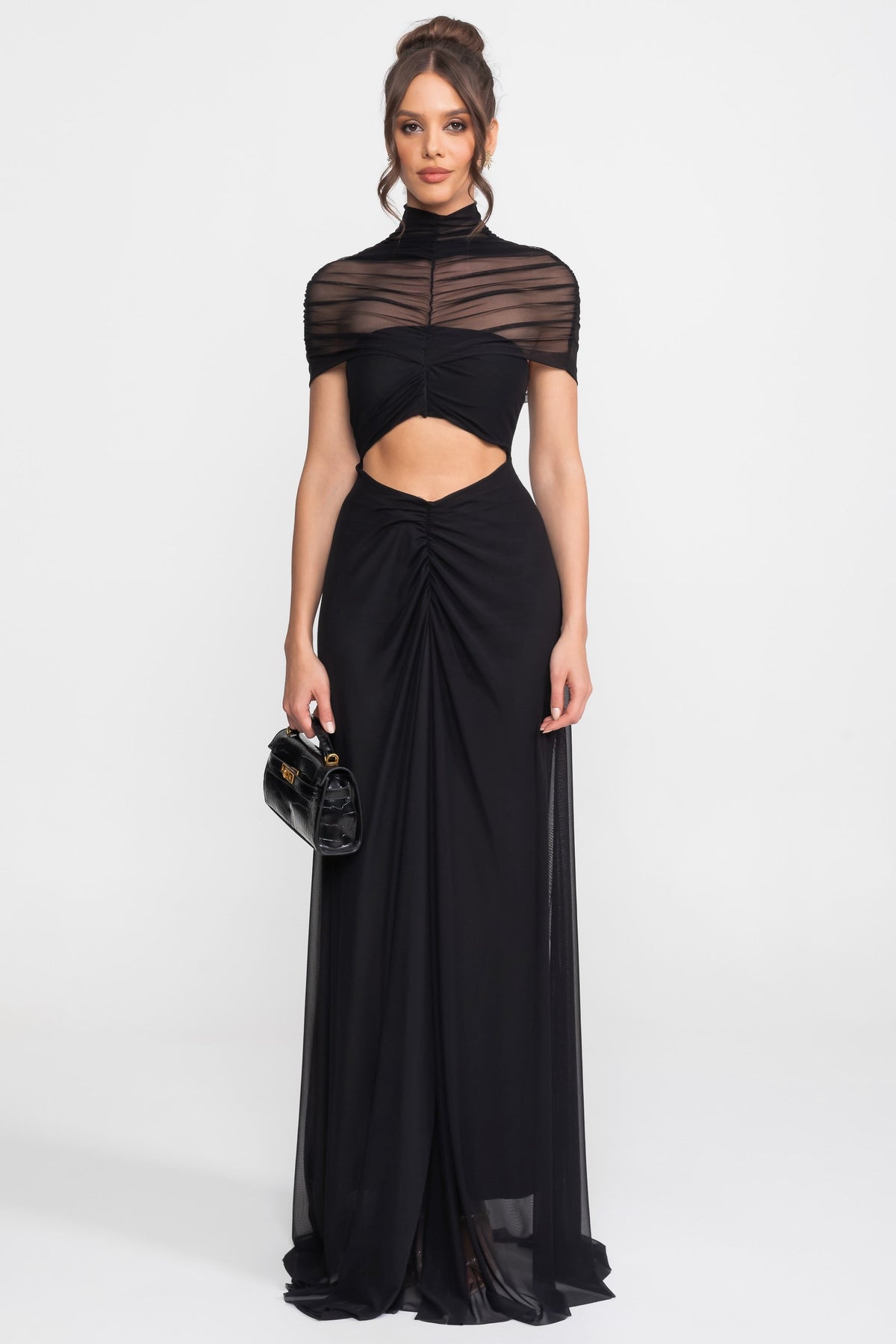 Mock Neck Ruched Mesh Cap Sleeve Cut Out Waist Maxi Dress