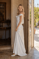 Satin Off Shoulder Backless Tie Waist Slim Fit Long Sexy Prom Dress