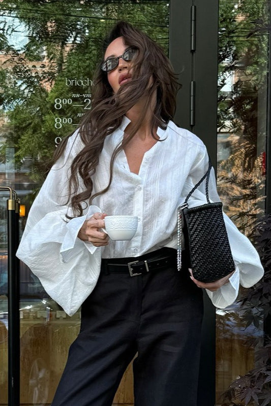 Band Collar Notch Neck Wide Bell Sleeve Pintuck Button Front Blouse