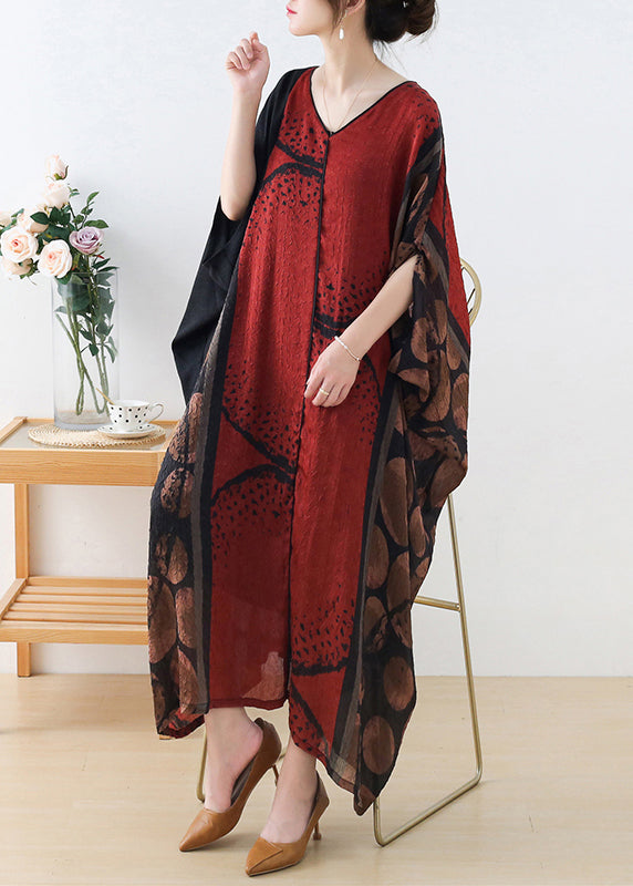 Abstract Print V-Neck Batwing Sleeve Asymmetric Hem Kaftan Maxi Dress