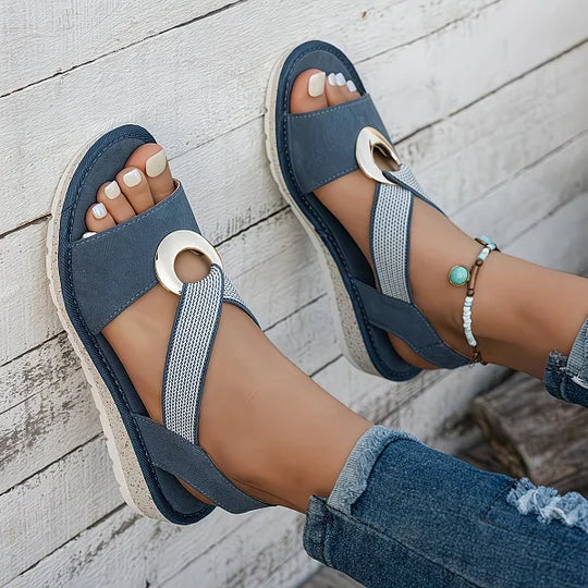 Open Toe Ring Detail Slingback Low Wedge Sandals