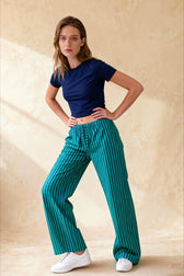 Retro Striped Button High Waist Straight Pant