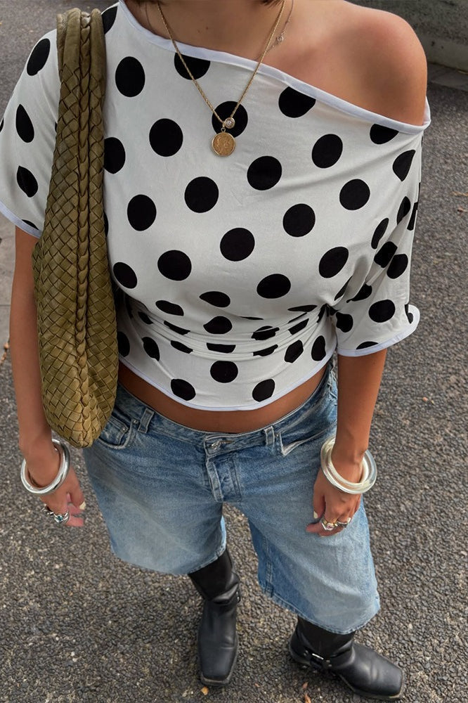 Polka Dot Off Shoulder Short Sleeve Oversized T-Shirt Mini Dress 2