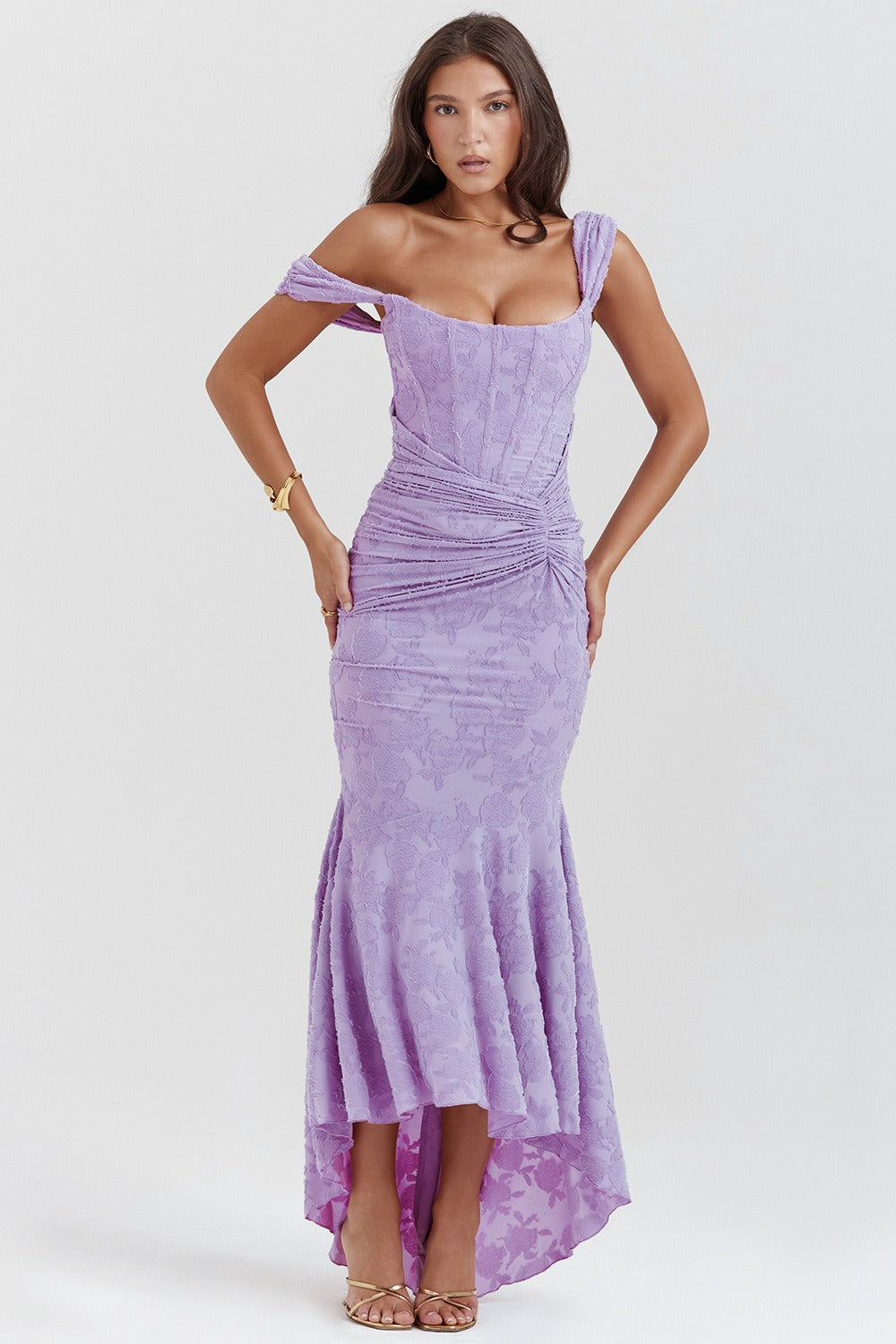 Jacquard Square Neck Corset Ruched Mermaid Gown