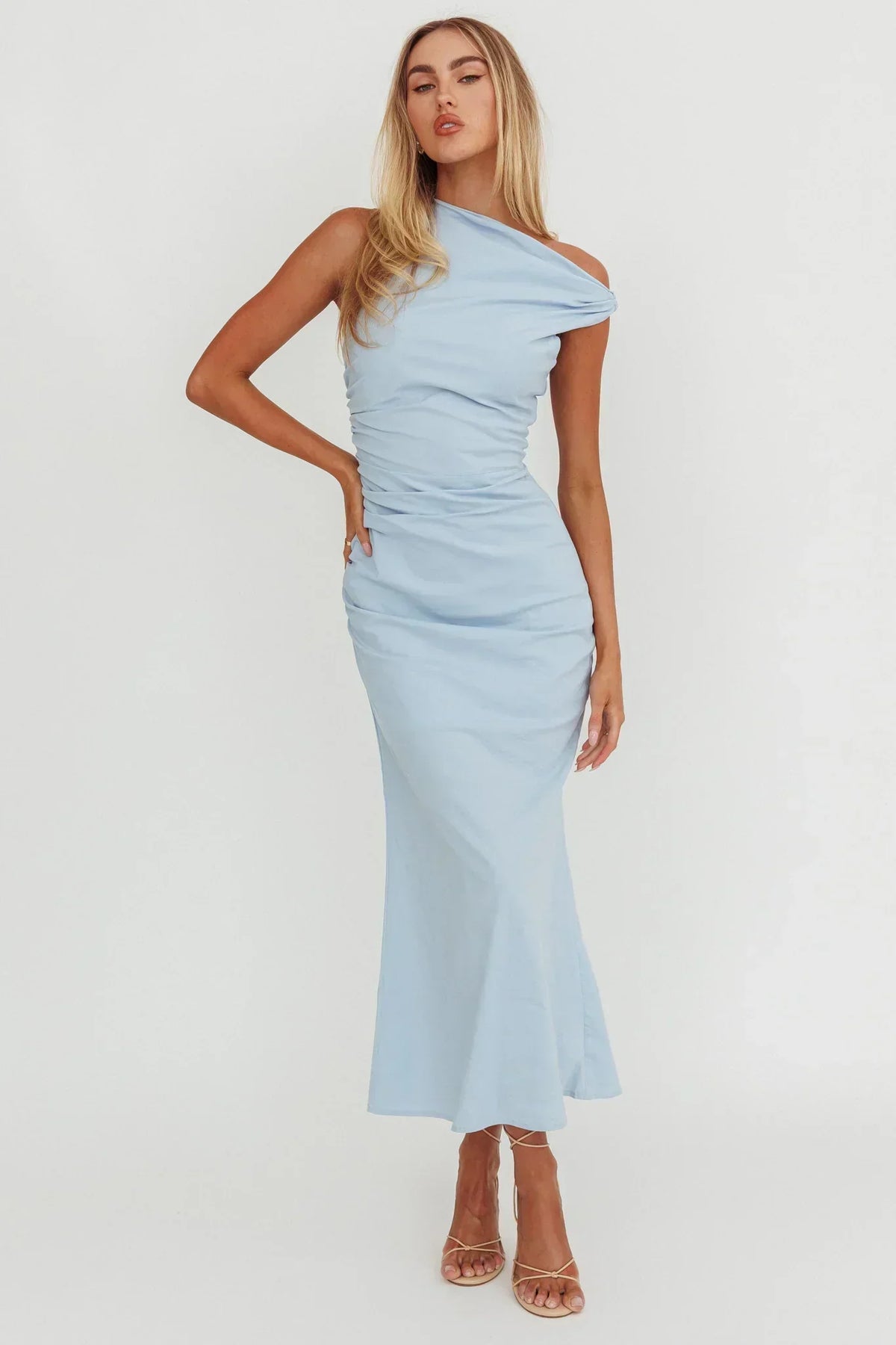 Asymmetric Neck Sleeveless Ruched Fitted Mermaid Midi Dress