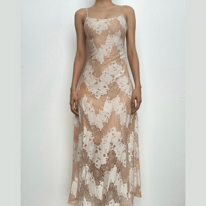 Lace u neck zip-up backless self tie cami midi dress 2