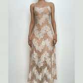 Lace u neck zip-up backless self tie cami midi dress 2