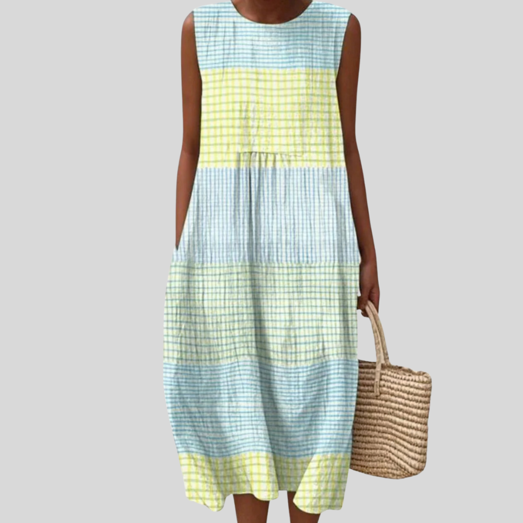 Gingham Check Sleeveless Round Neck Tiered Midi Dress