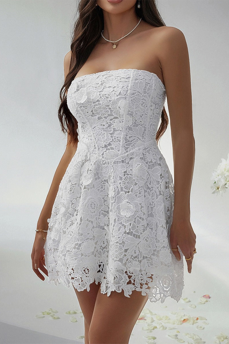 Lace Strapless Corset Bustier 3D Floral A-Line Pocket Cocktail Mini Dress