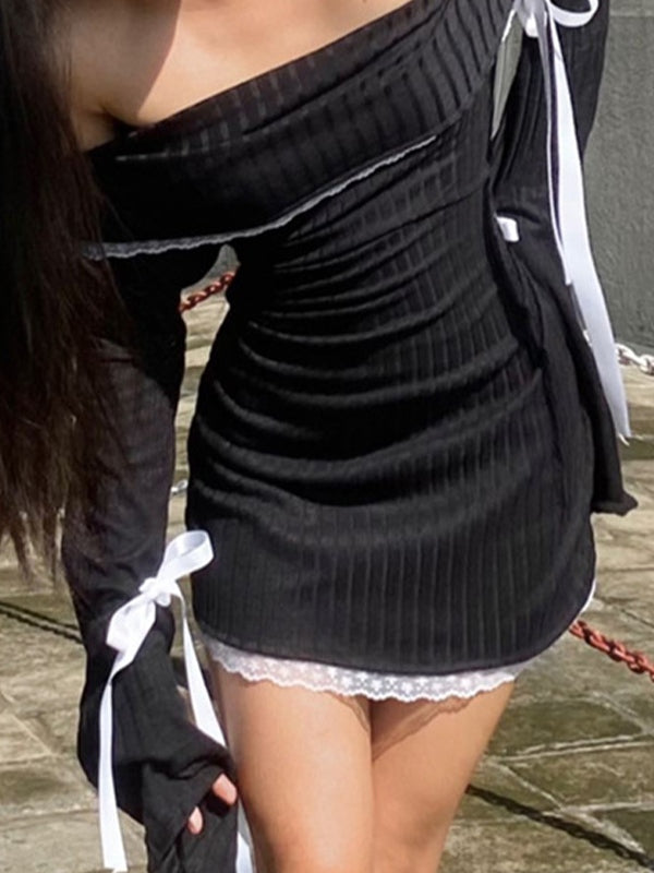 Vintage Off Shoulder Tie Up Long Sleeve Mini Dress with Lace Splice - View 3