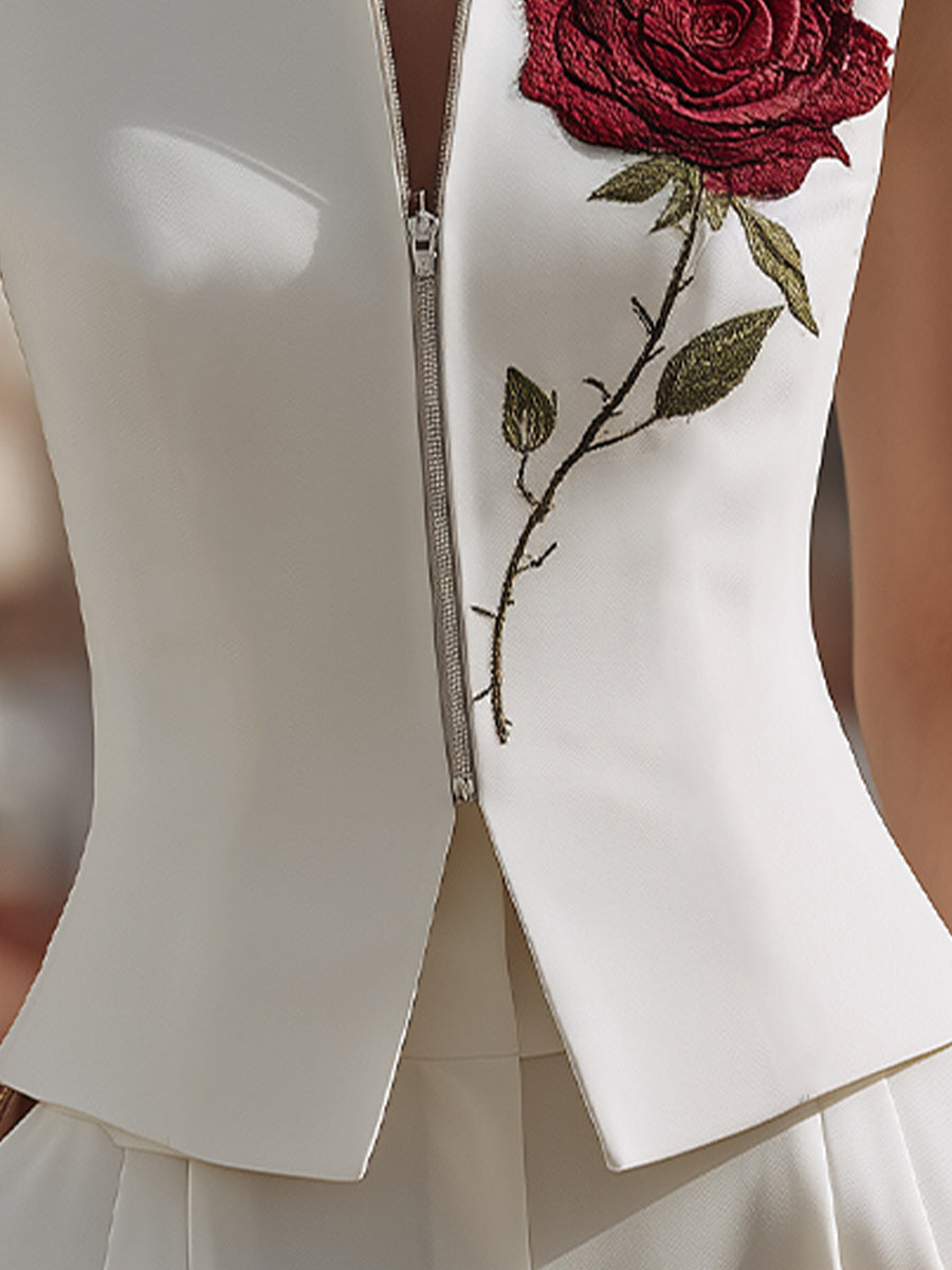 Rose Embroidered Stand Collar Zip Front Vest