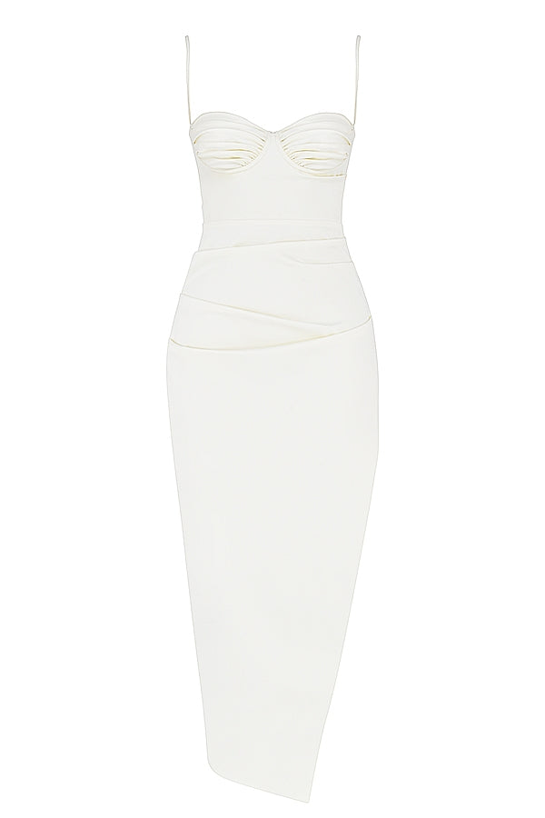 Satin Ruched Bust Spaghetti Strap High Split Midi Dress 9