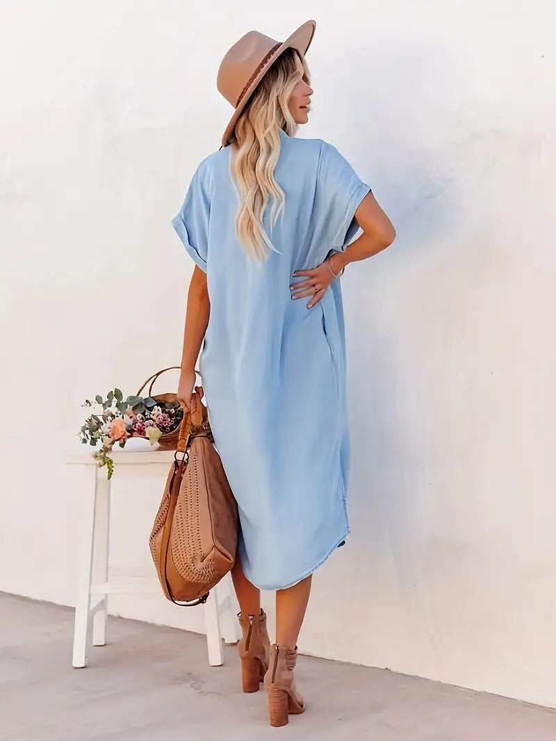 Denim Look Button Front Short Sleeve Midi Shirt Dress