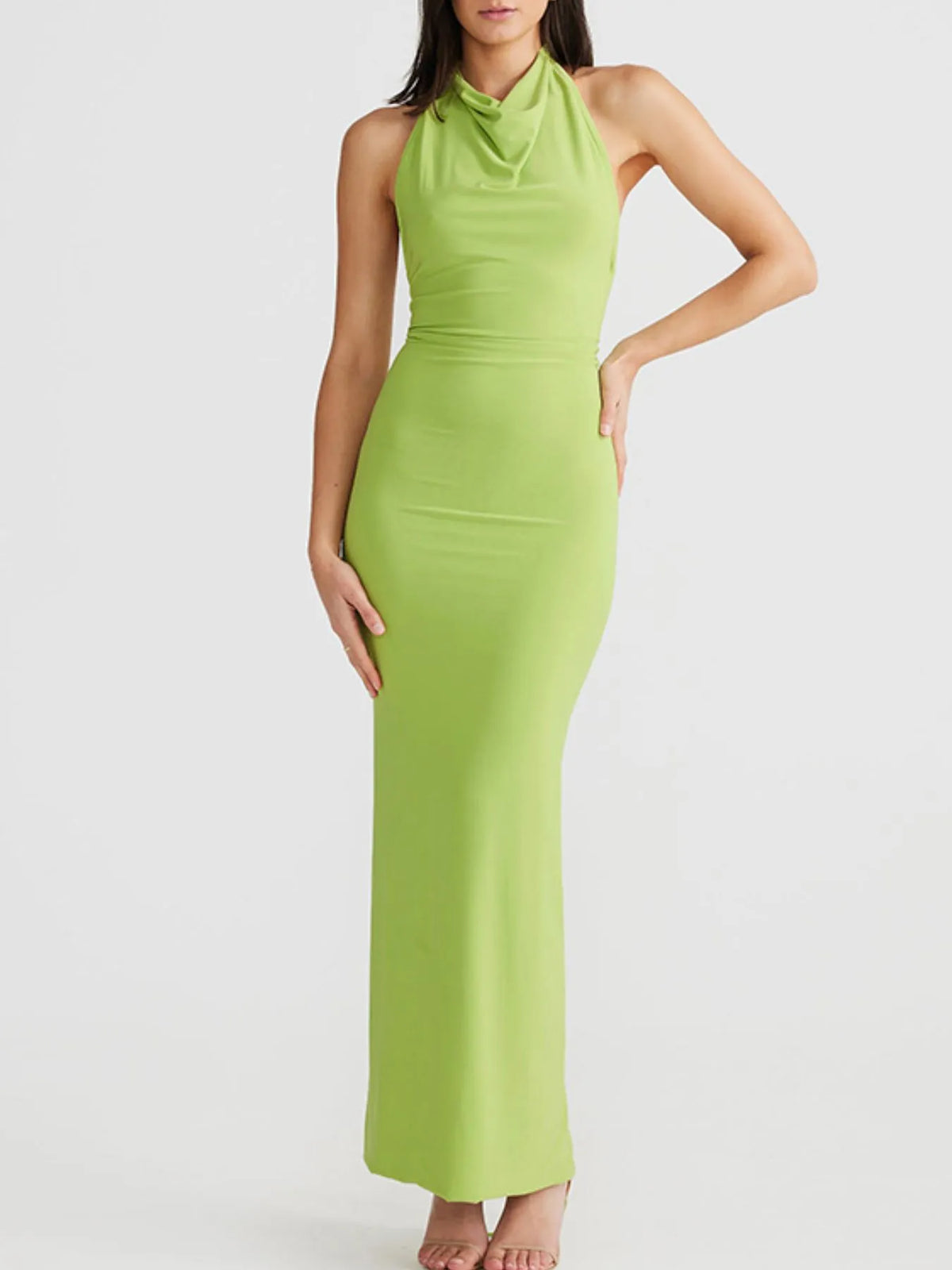 Asymmetric Neck Ruched Bust Tie Strap Open Back Bodycon Maxi Dress 18