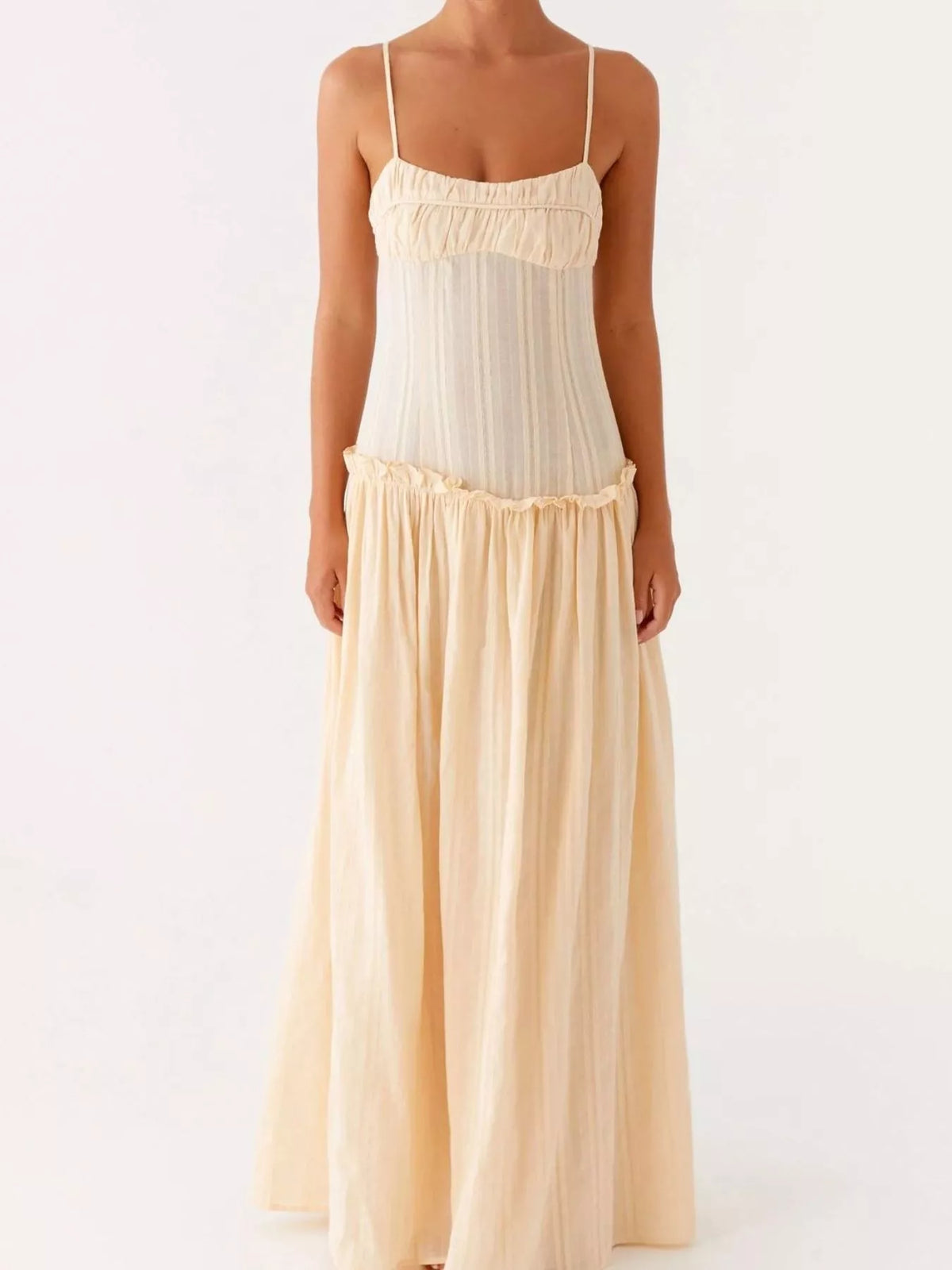 Ruched Bust Drop Waist Ruffle Trim Cami Maxi Dress 32
