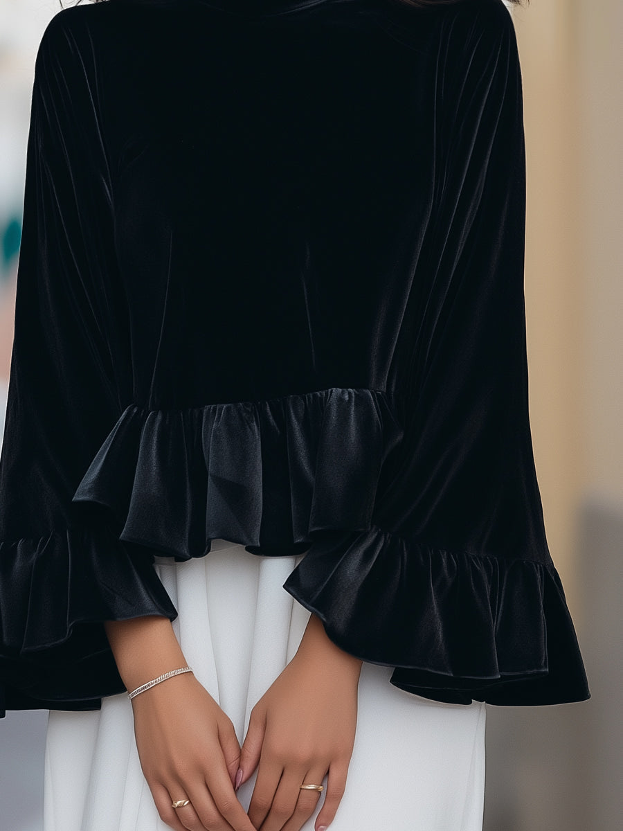 Mock Neck Bell Sleeve Velvet Ruffle Hem Top