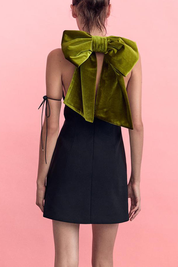 Sweet Party Contrast Back Velvet Bow Detail Mini Dress - View 3