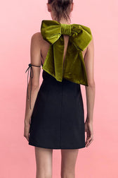Sweet Party Contrast Back Velvet Bow Detail Mini Dress - View 3