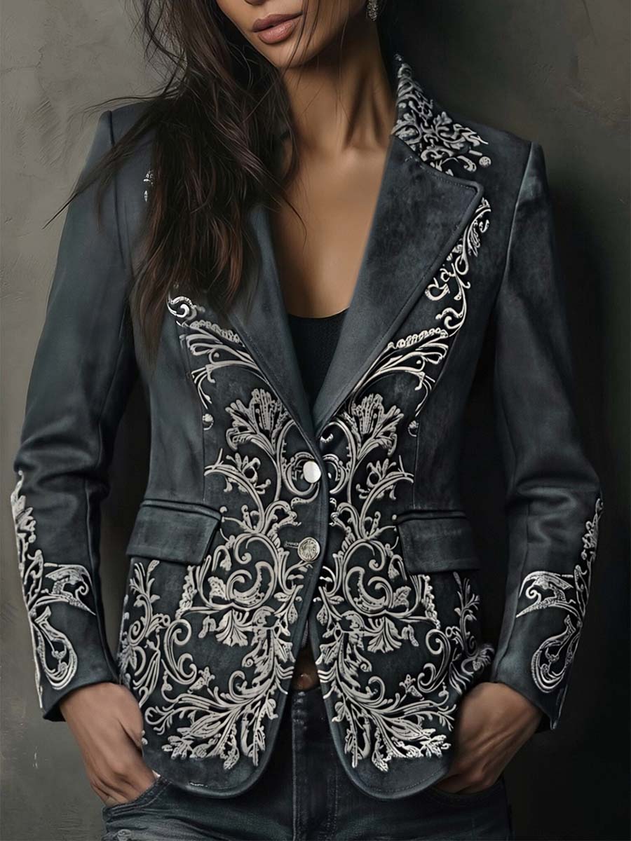 Floral Embossed Suede Look Single Button Blazer