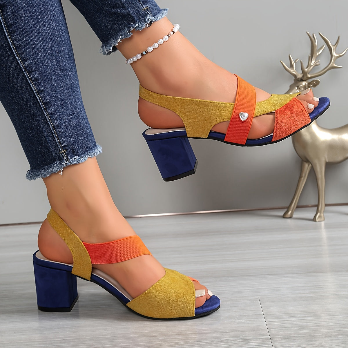 Open Toe Slingback Color Block Block Heel Sandals
